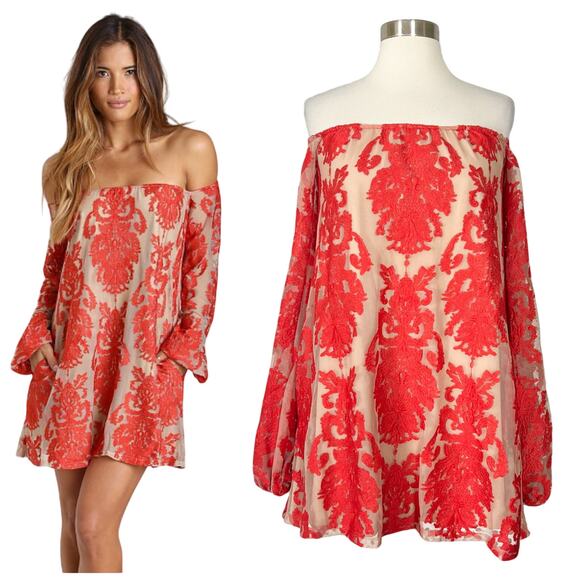 For Love & Lemons | Precioso Red Embroidered Nude Off Shoulder Sleeve Mini Dress - Picture 1 of 10